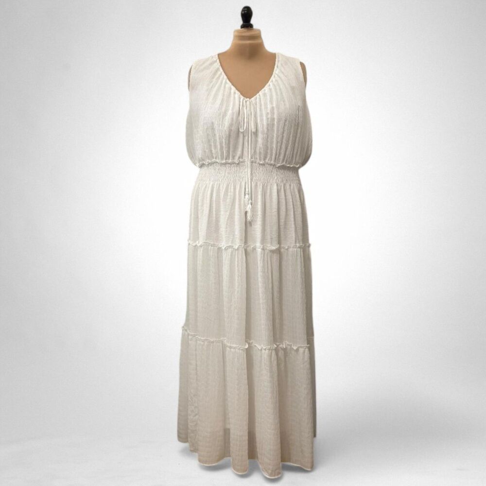 TAYLOR Woman V-neck front tie White Maxi Dress With Smocked Waist, NWT! Size 20W